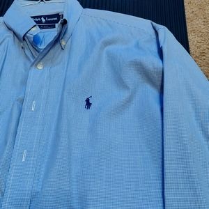 A light blue checkered Ralph Lauren button down shirt.